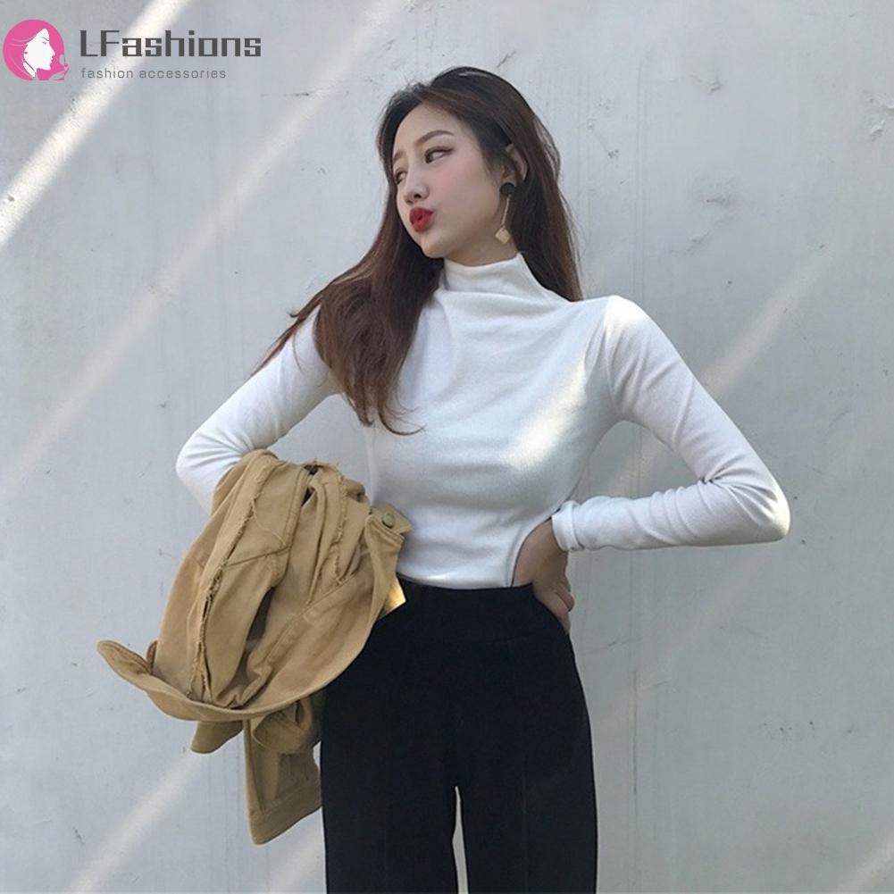 Áo thun tay dài cổ cao màu trơn thời trang cho nữ