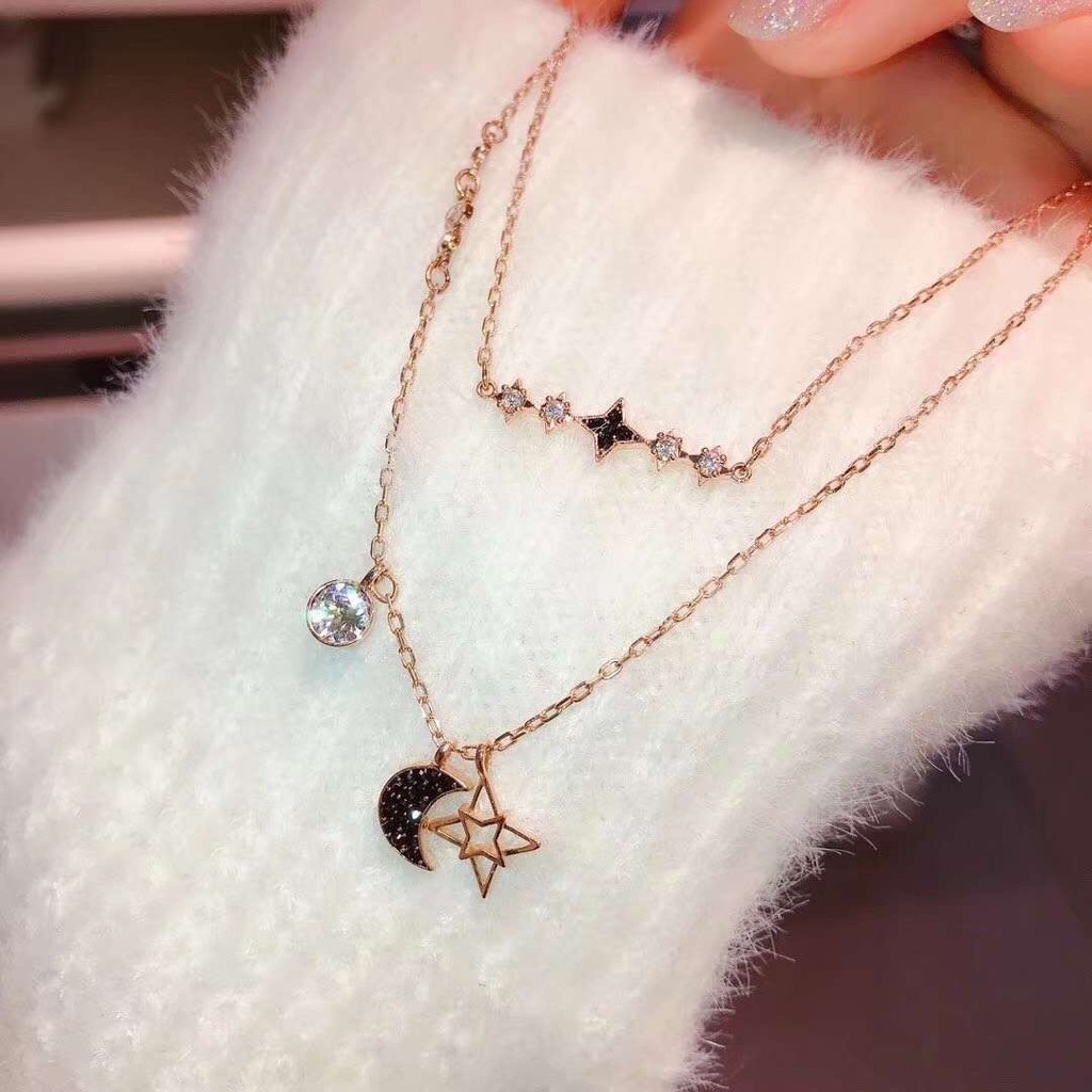 Vòng cổ Hai Lớp Mạ Bạc 925 Mặt Trăng Thời Trang 2023