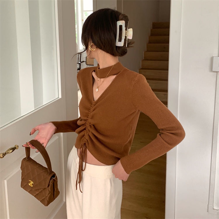 Áo Sweater Dệt Kim Mỏng Tay Dài Cổ Chữ V Màu Sắc Đơn Giản Phong Cách Hàn Quốc Cho Nữ