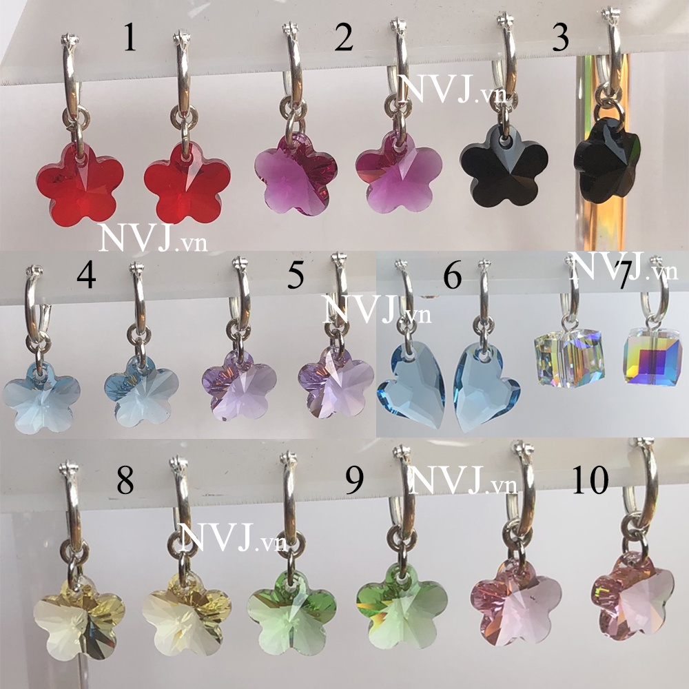 Bông tai bạc 925 + pha lê Swarovski cao cấp nhiều màu hình hoa mai, trái tim, vuông cube