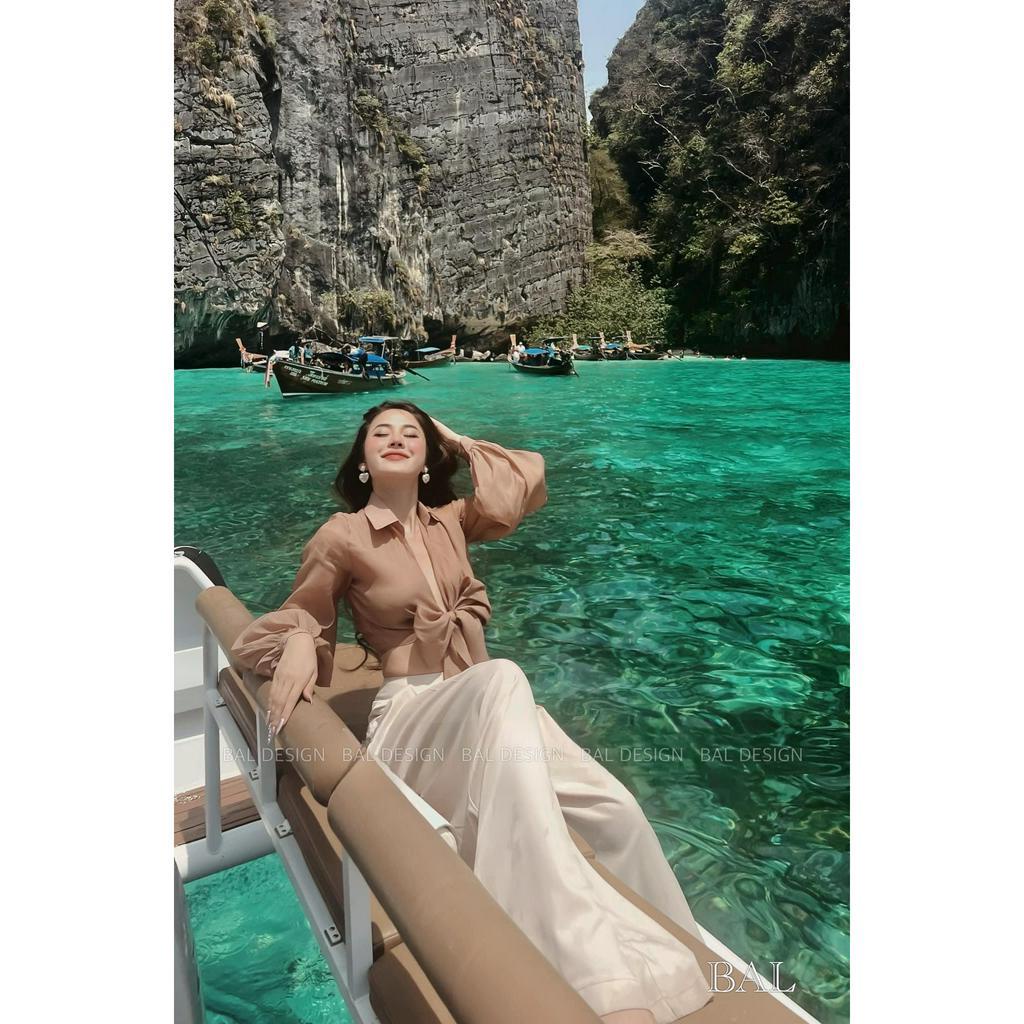 Set Bộ Đồ Nữ Áo Sơ Mi Đũi Croptop Thắt Nơ Dài Tay Mix Quần Umi Dáng Suông Rộng Đi Biển Freesize