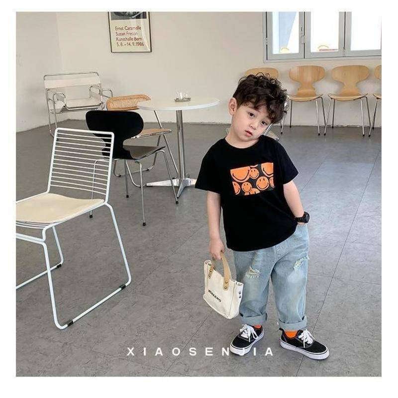 Áo Thun Cotton Mỏng Tay Ngắn In Hình Mặt Cười Thời Trang Xuân Hè Cho Bé Trai