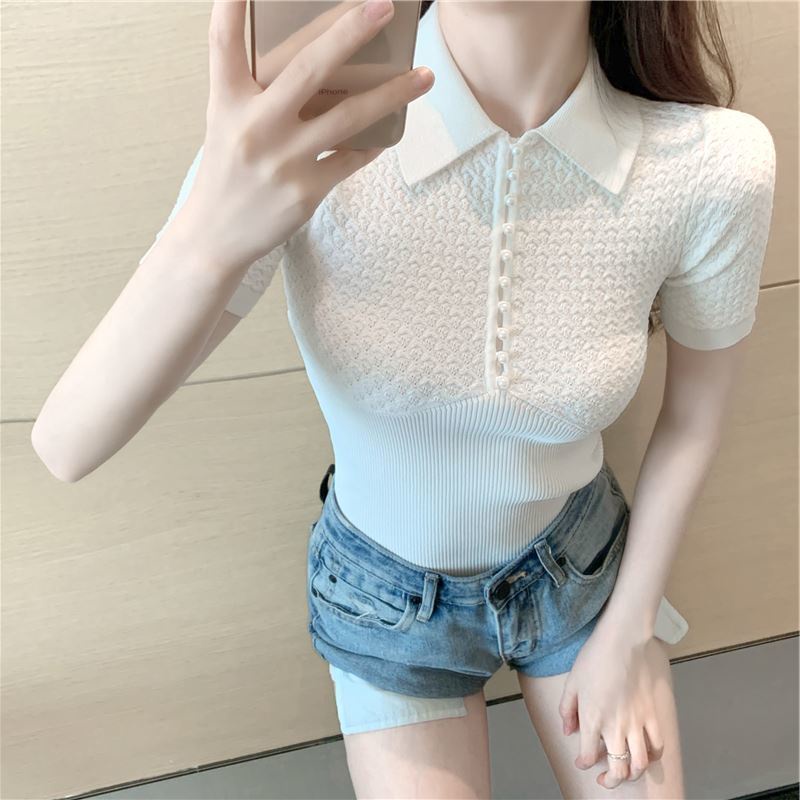 Áo Thun polo Dệt Kim Tay Ngắn Dáng Ôm Thời Trang Mùa Hè Phong Cách Hàn Quốc Cho Nữ