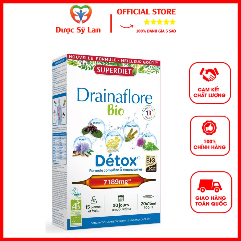 Nước Uống Thải Độc Chuyên Sâu Superdiet Drainaflore Bio Detox Của Pháp Hộp 20 Ống