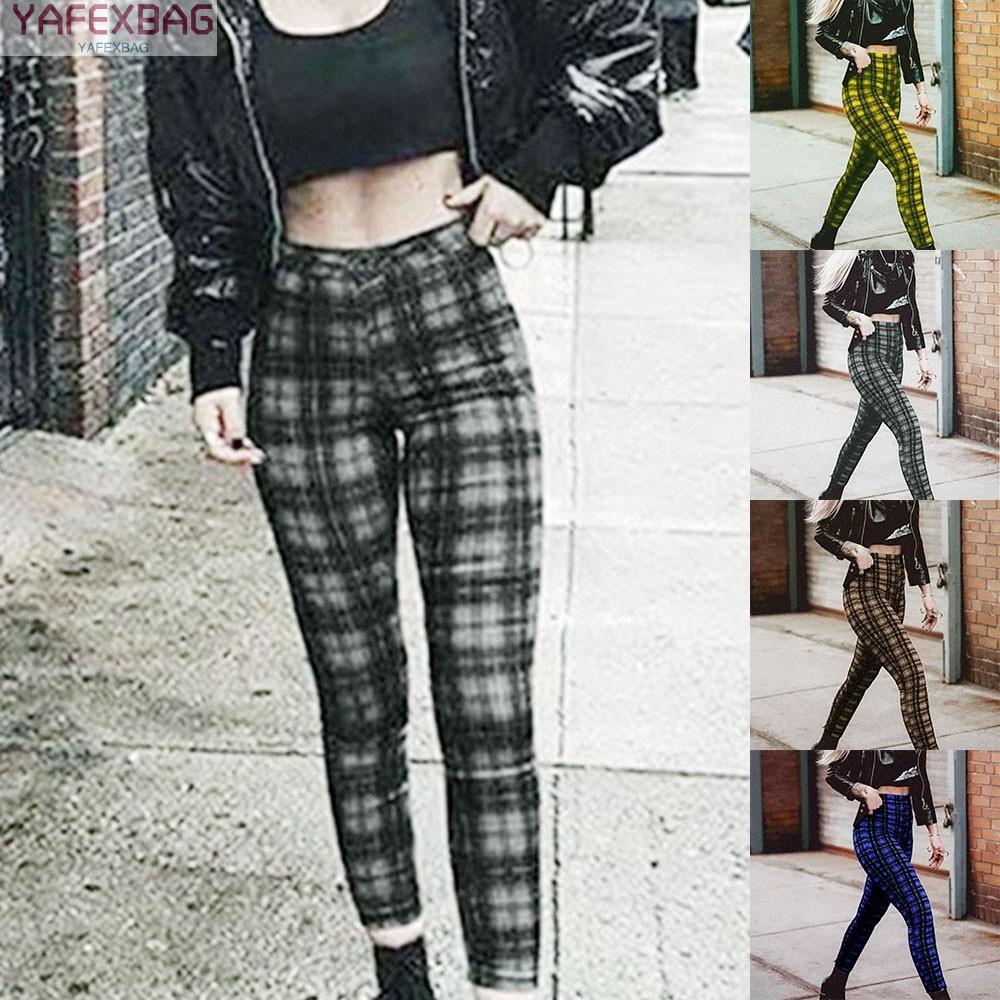 Womens Hip Hop Slim Plaid Elasticity Casual High Waist Leggings Trousers High Quality