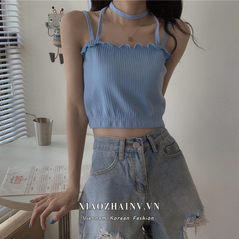 Xiaozhainv Áo Hai Dây Xiaozhainv Dệt Kim Thời Trang Phong Cách Hàn Quốc Gồm 3 Màu Trơn Tùy Chọn