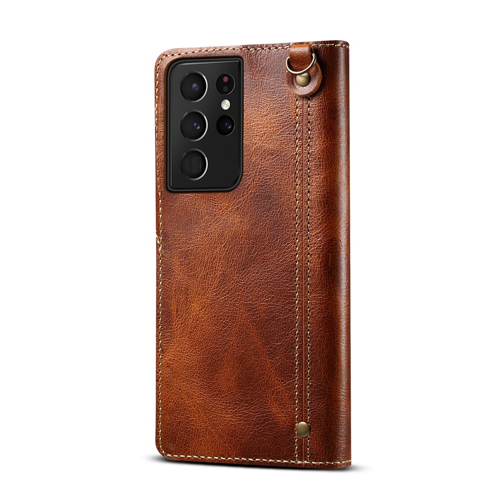 Samsung Galaxy S21 Series Vintage Genuine Leather Handmade Wallet Case Folio Cover，Real Leather Wallet Phone Case，Flip Folio Cover with Card Slot & Hand Strap