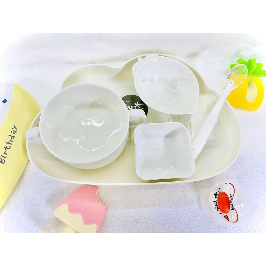 Combo 5 món khay ,thìa , bát sứ ăn dặm cho bé siêu cute màu trắng - nhiều mẫu