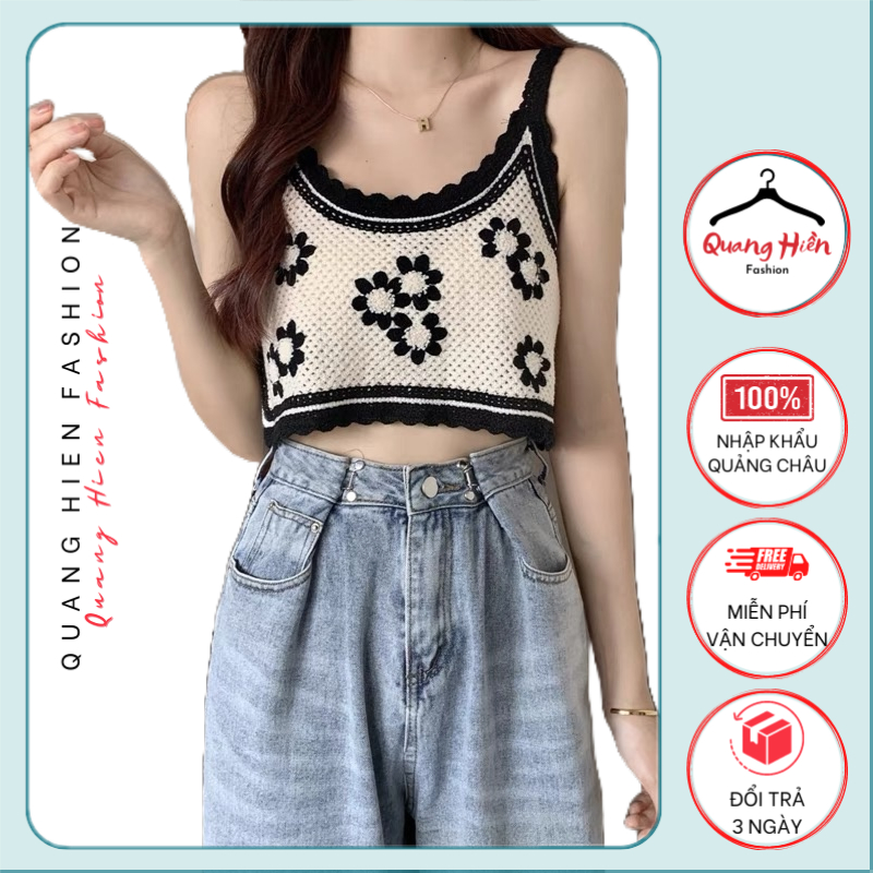 Áo hai dây len Quảng Châu đan móc hình hoa đi biển, mix váy áo freesize MS571