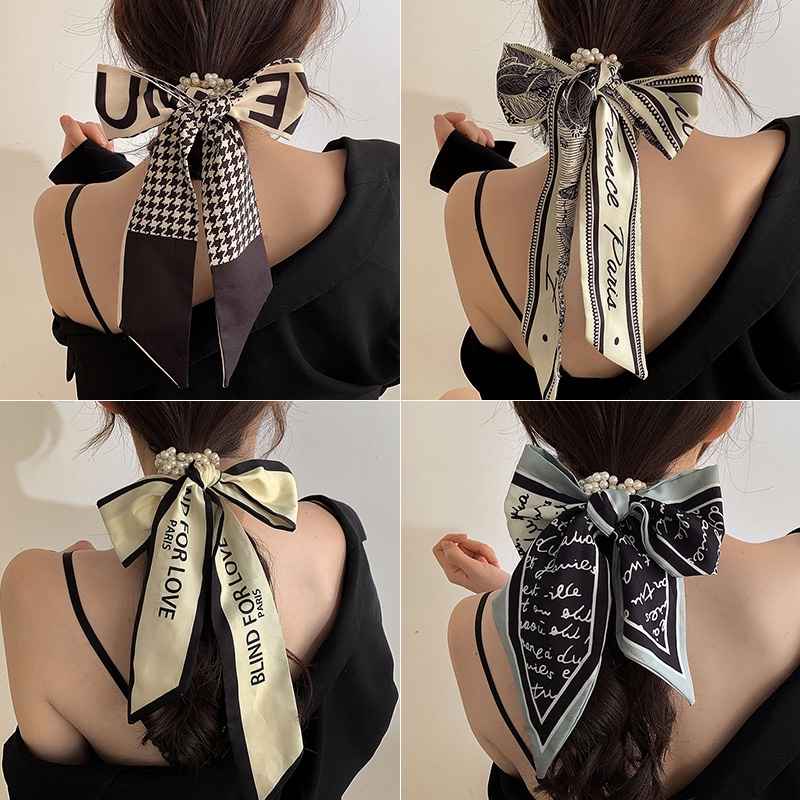 Dây Buộc Tóc Thắt Nơ Ruy Băng Đính Ngọc Trai Giả Kiểu Hàn Quốc Xinh Xắn