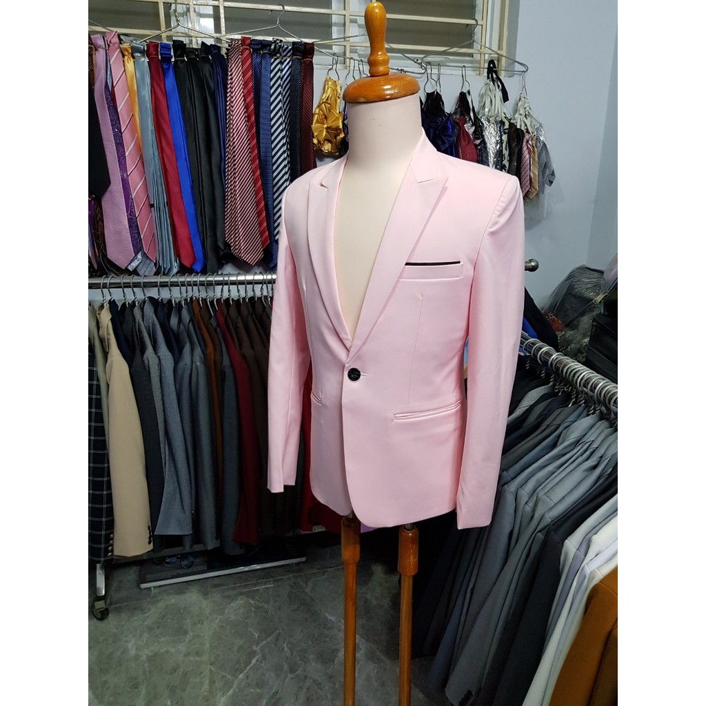 [Hồng] Bộ vest nam form ôm body cá tính (áo + quần + cà vạt + nơ)