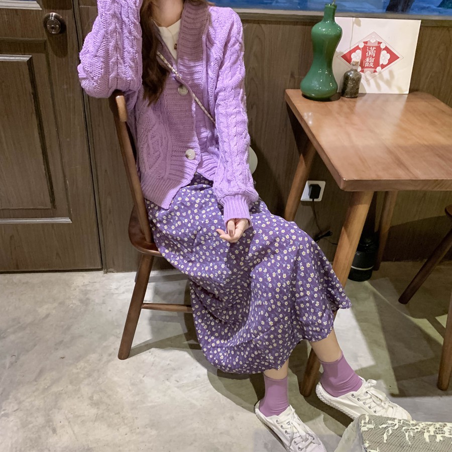 (SẴN HÀNG) Chân váy hoa nhí midi màu tím retro dáng dài style vintage Hàn Quốc điệu hè 2020 | BigBuy360 - bigbuy360.vn