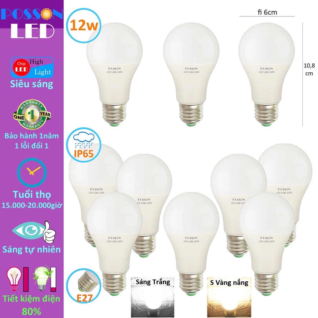 Sỉ 100 Bóng đèn Led 12w bup tròn A60 bulb tiết kiệm điện kín chống nước Posson LB-12x