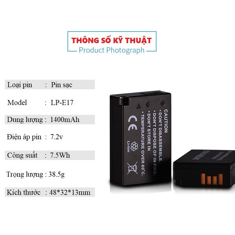 Pin sạc LP-E17 1400mAh cho máy ảnh CANON 750D 760D, 77D, M3, M5, 800D, M6