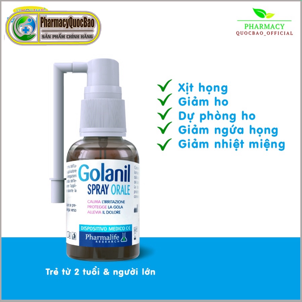 Golanil Spray Orale  Xịt họng - Giúp giảm ho, viêm họng, nóng rát họng, thông họng tức thì cho bạn [ Lọ 30ml]