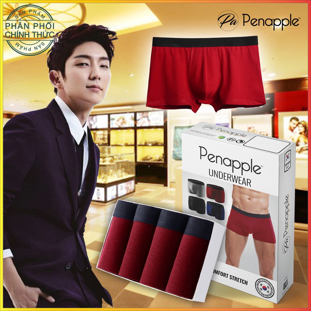 [PENA0808 GIẢM 10%] MADE IN KOREA - 1 Hộp 4 QUẦN LÓT BOXER COTTON PHONG CÁCH HÀN QUỐC - CAO CẤP MỀM MẠI - 4 MÀU ĐỎ