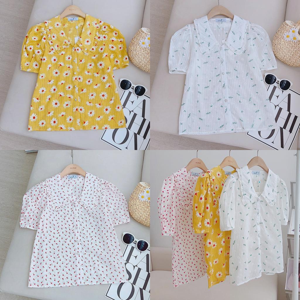 Áo Sơ Mi Thô Hoa MINZ STORE Mã 3859, Thiết Kế Cổ Sen Viền Bèo