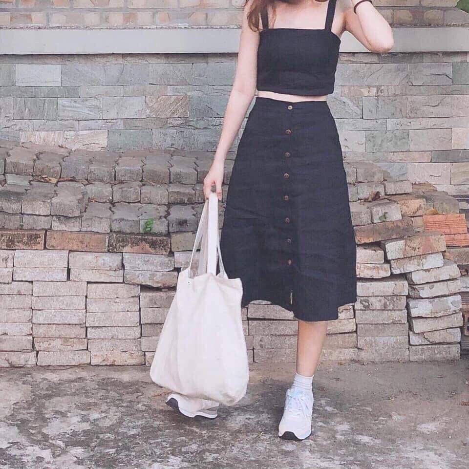 Mốt Mới Về Đẹp Mê ❤ (Tri Ân Hot) Set Áo 2 Dây Croptop Mix Chân Váy Cúc Đen Be