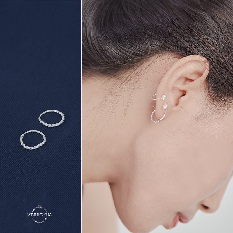Đôi bông tai bạc nữ bấm tròn xoắn Asimi, Bông tai bạc ta nguyên chất đơn giản Twisted Earrings KT02