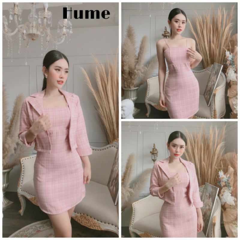 Set Đầm Caro Hồng Body Kèm Áo Vest Tay Lỡ Sang Trọng Công Sở Hume