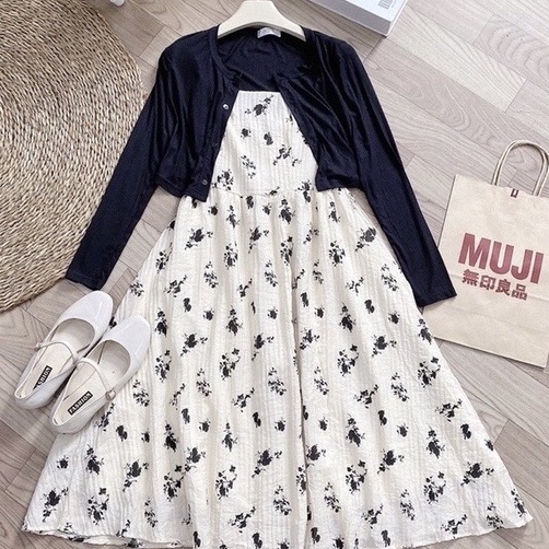 Set Váy 2 Dây Babbydoll Hoa Nhí Vải Đũi Dáng Dài Maxi Mix Áo Khoác Thun Cadigan Freesize