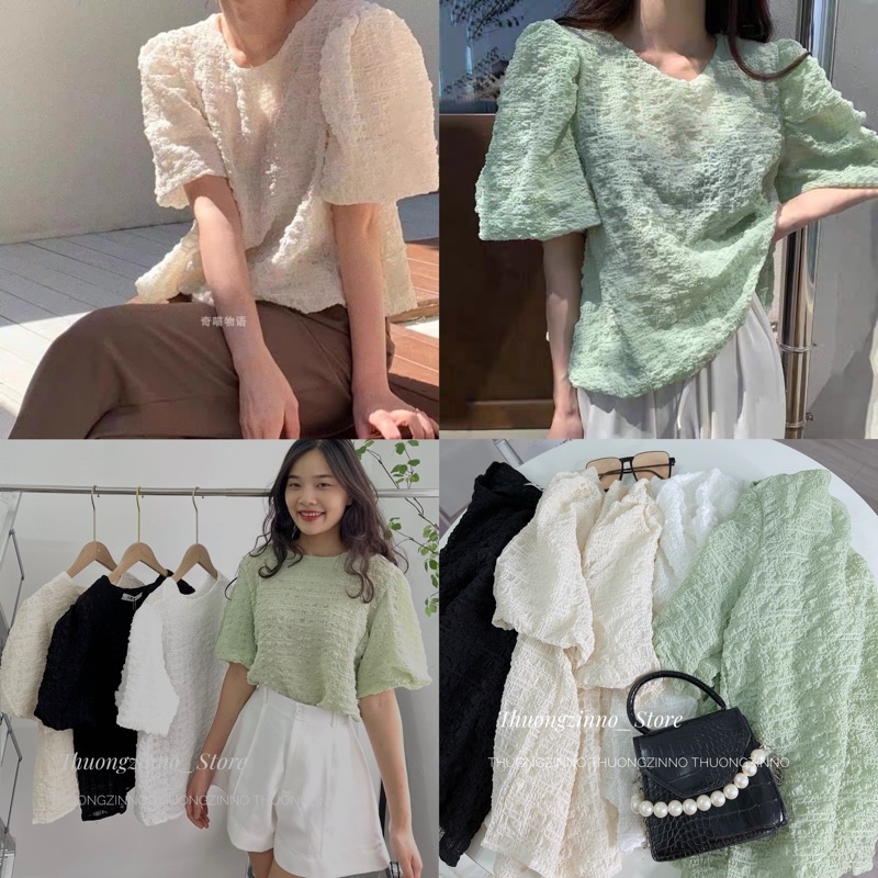 [Ảnh thật/Video]Áo sơ mi cổ tròn smile tay bồng form to bay bay tiểu thư Áo sơ mi cổ tròn hàn quốc