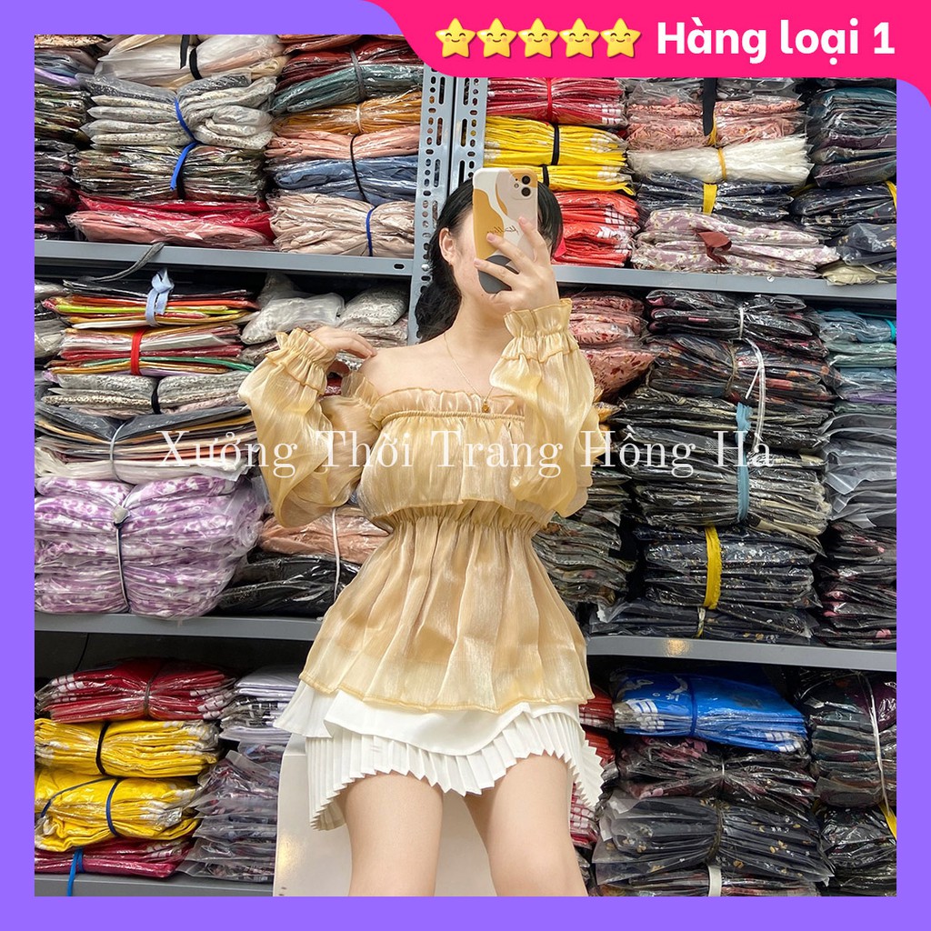 ✅Ảnh Thật Của Xưởng 100% ✅🌸 Áo croptop trễ vai tay bồng dài siêu dễ thương, Áo Tơ Nhũ Hot 2021 🌸