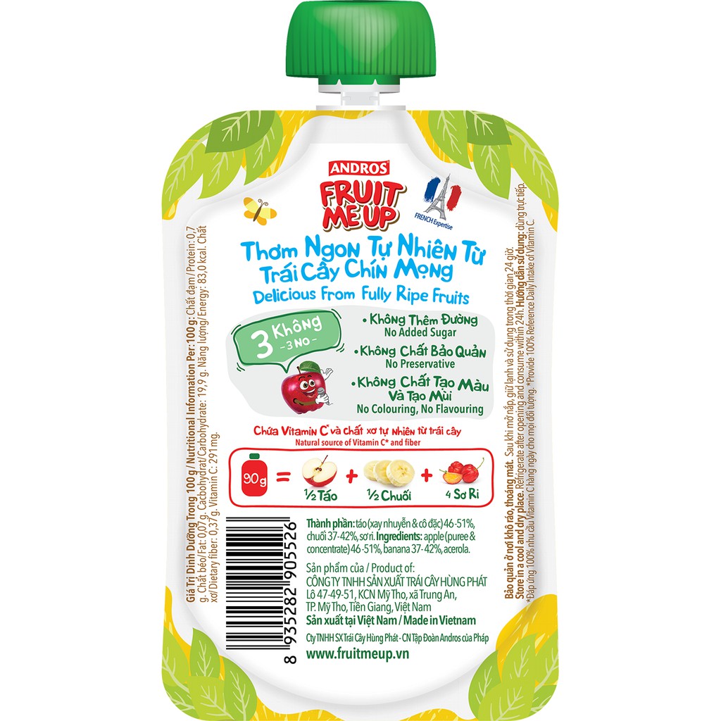 FRUIT ME UP - Trái cây xay nhuyễn nguyên chất - Fruit Me Up Andros - Táo Chuối - 90g x 40