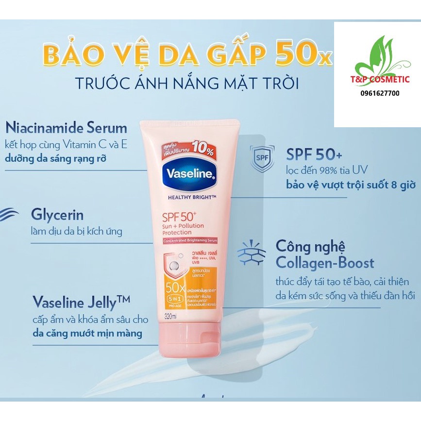 Serum chống nắng cơ thể Vaseline 50x bảo vệ da với SPF 50+ PA++++ giúp da sáng rạng rõ với Niacinamide 320ml