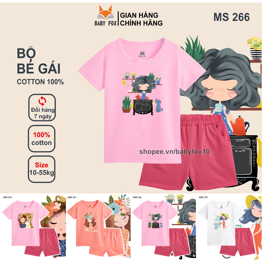 Bộ thun bé gái size nhỏ, trung, đại 100% cotton loại tốt, thương hiệu BABY FOX, in hình bé gái a