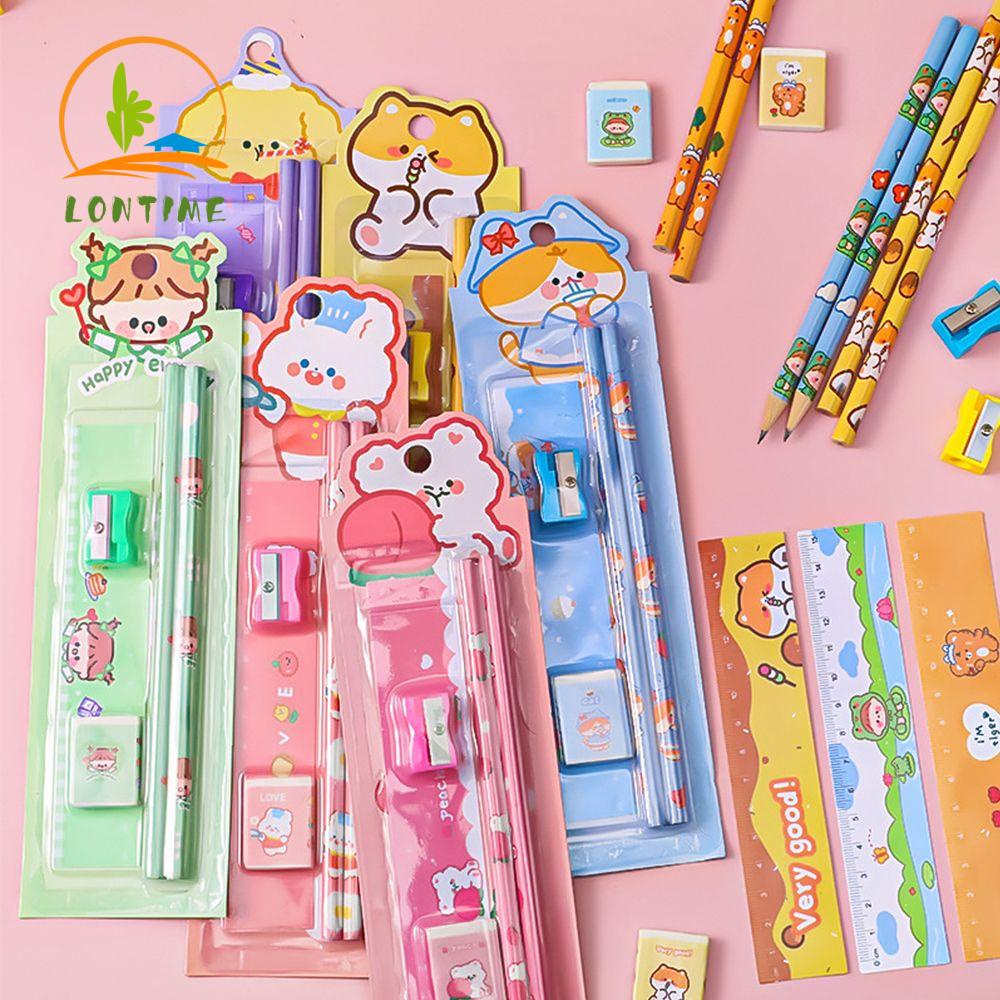 Set 5 dụng cụ học tập dễ thương dùng làm quà tặng mang đi thi dành cho học sinh gồm bút chì/ thước/ gôm/ đồ chuốt