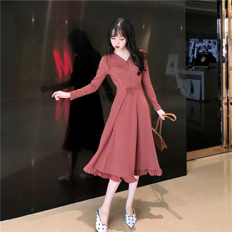 Váy liền thân cổ chữ V thắt nơ eo kiểu dáng Hàn Quốc Thu Đông 2019