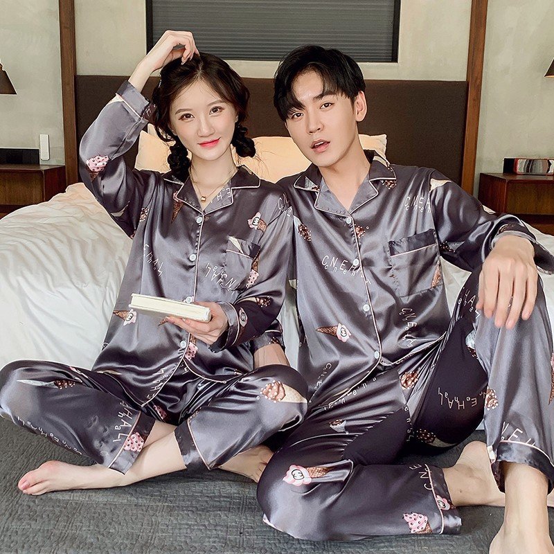 Bộ Đồ Ngủ Tay Dài Vải Lụa Cỡ Lớn Phong Cách Hàn Quốc Cho Nam Và Nữ