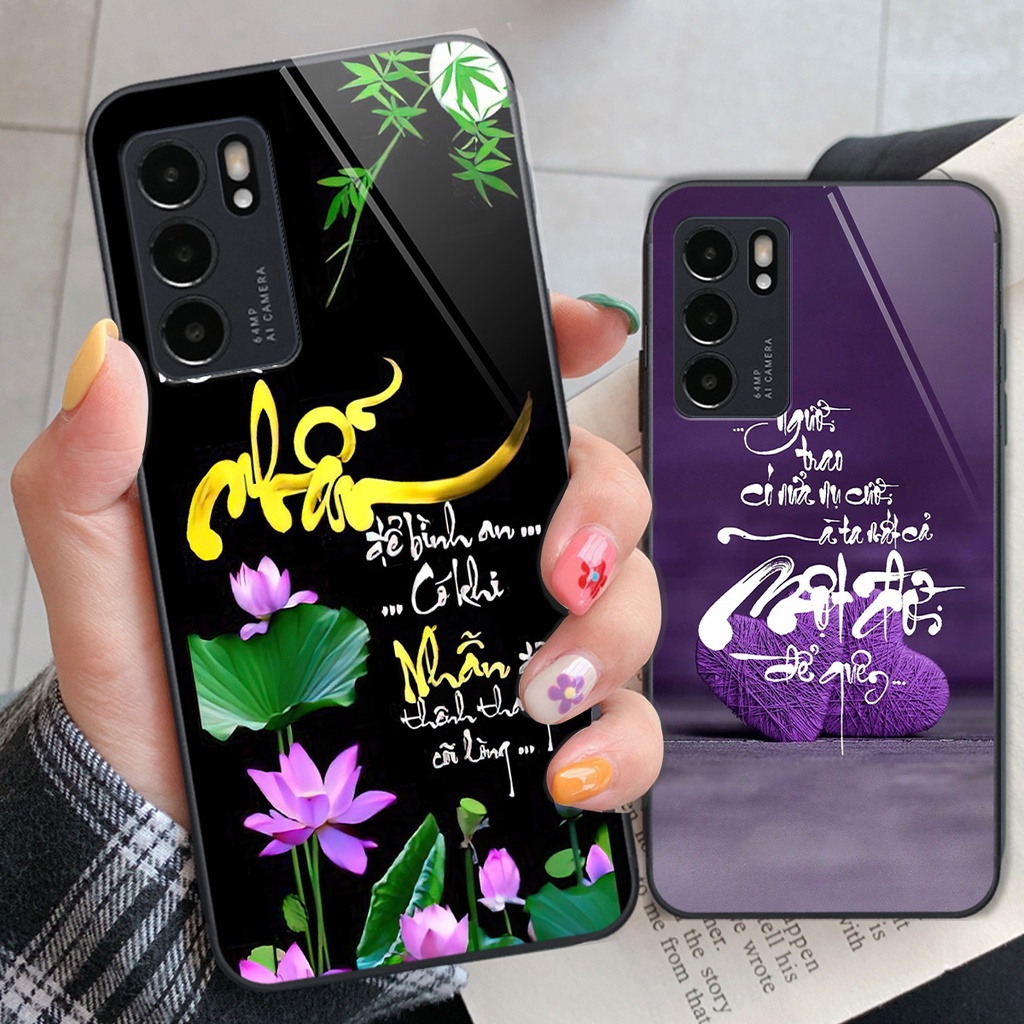 Ốp kính Oppo Reno6 / Reno6 Z 5G / Reno 6 thư pháp tâm an vạn sự an, kính bóng bẩy sang trọng