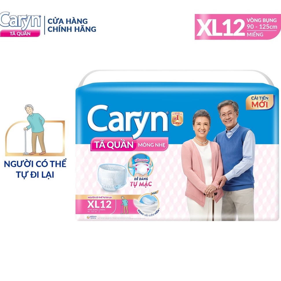 Tã Quần Người Lớn Caryn Mỏng Nhẹ Chống Tràn Size XL 12 Miếng Dành Cho Người Già Có Thể Tự Đi Lại Được