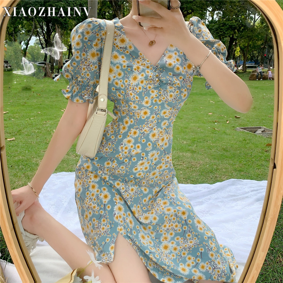 đầm ulzzang Nữ Tay Ngắn In Hình Hoa Cúc Phong Cách Hàn Quốc | BigBuy360 - bigbuy360.vn