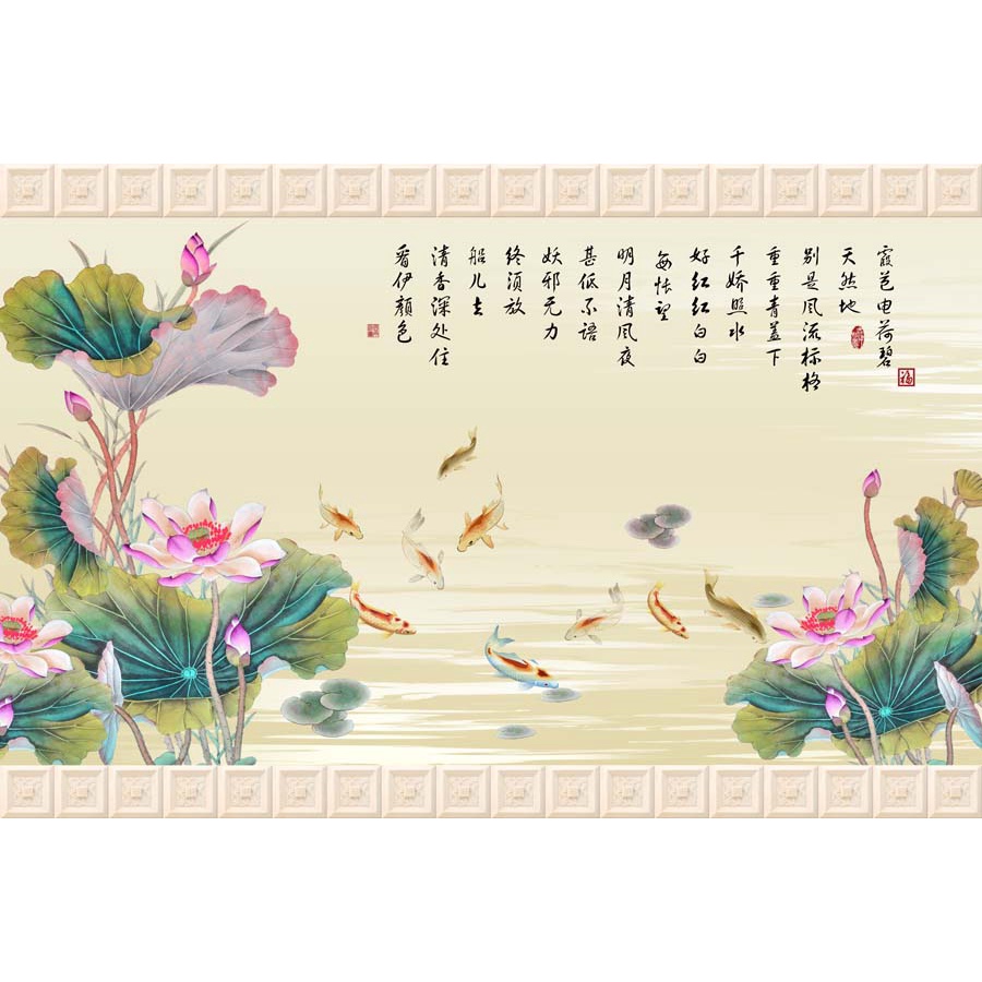 Tranh 3d dán tường chủ đề cá chép cá koi hồ sen thác nước tặng kèm phụ kiện