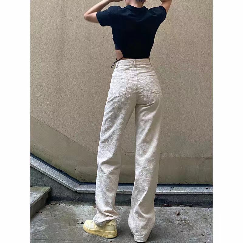 Hàng Mới Về Jiashucheng Hàng Mới Về Quần Denim Lưng Cao Dáng Rộng Ôm Sát Tôn Dáng Xây Dựng Sàn Nhà Cho Nữ