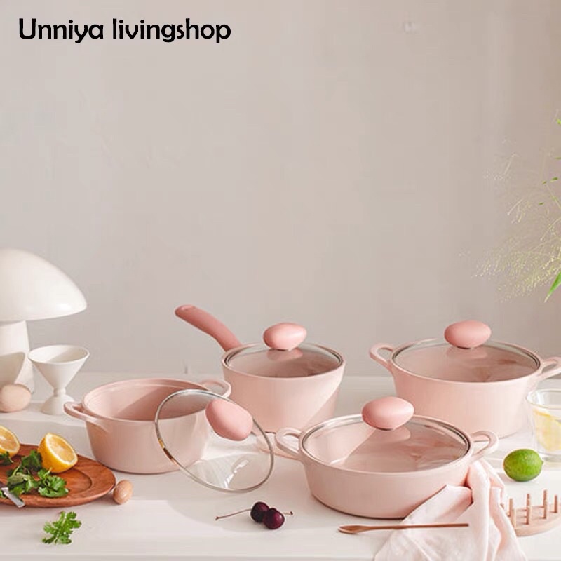 Bộ nồi ceramic Hàn Quốc cao cấp màu hồng pastel nhẹ nhàng