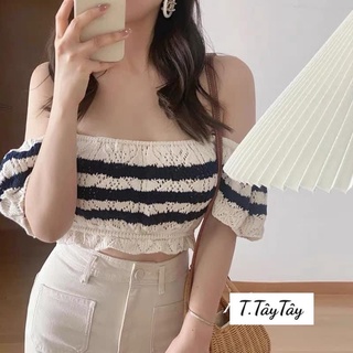 Áo len dệt kim giả ren trễ vai mặc 2 kiểu croptop