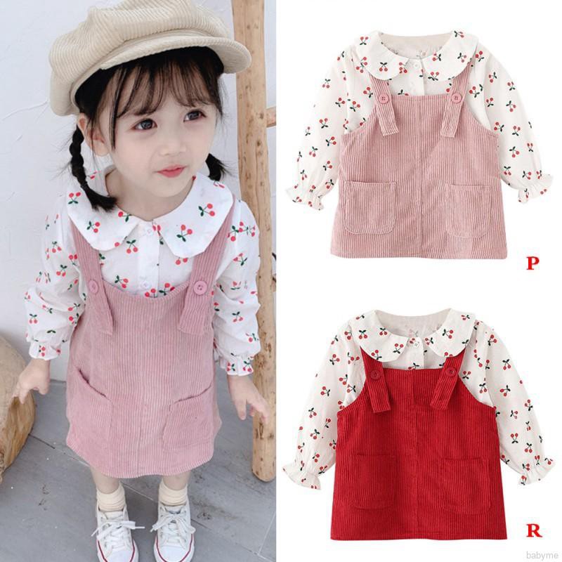 Bộ áo cổ tròn tay dài họa tiết quả cherry hoạt hình và đầm hai dây thời trang mùa hè dành cho em bé