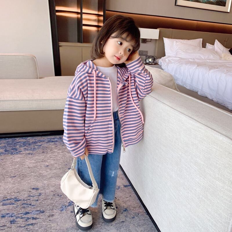 [Bán Chạy] Áo Khoác Cardigan Có Mũ Trùm Dáng Rộng Kẻ Sọc Phong Cách Phương Tây Thời Trang Xuân Thu Cho Bé Gái 7