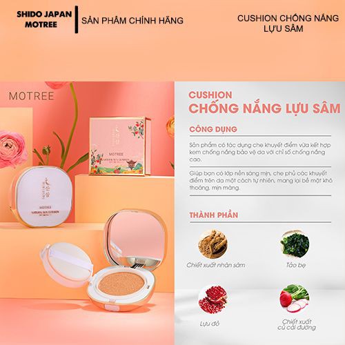 CUSHION MOTREE chính hãng [ quà tặng kèm] -  trang điểm chống nắng LỰU SÂM - NATURAL SUN CUSHION SPF 50+ PA++