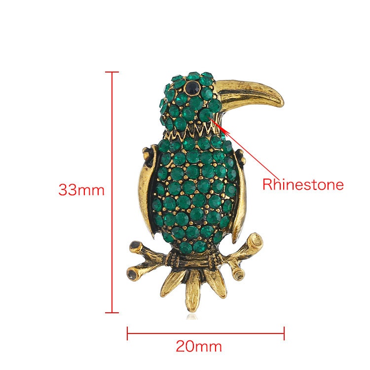 Trâm cài áo hình chim vẹt đính đá pha lê xanh lá phong cách retro