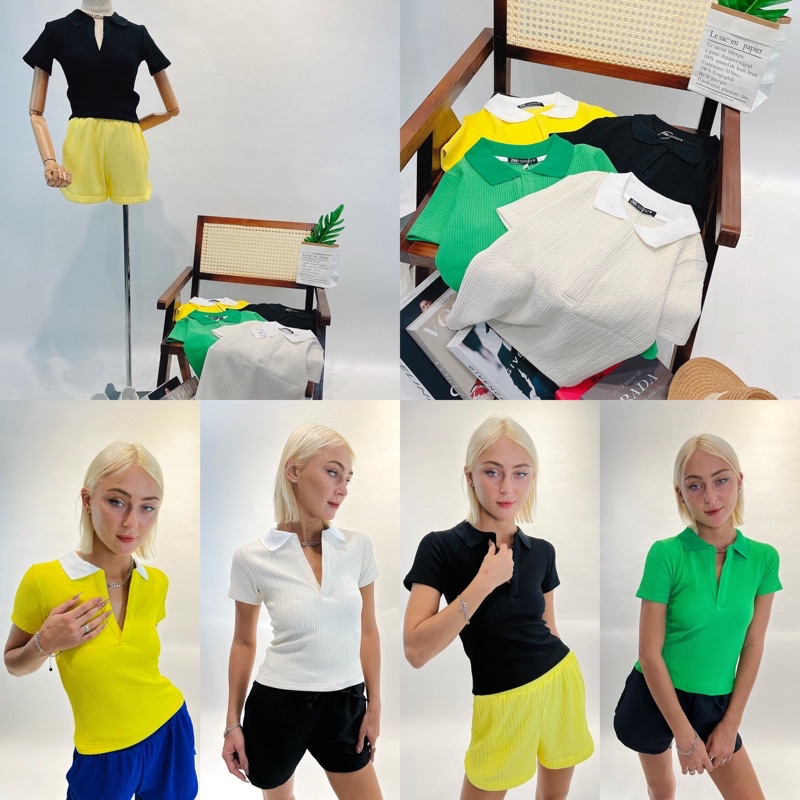 Áo polo ôm body Zara Cosima xuất xịn chất dày dặn đẹp (vàng, xanh, trắng, đen)
