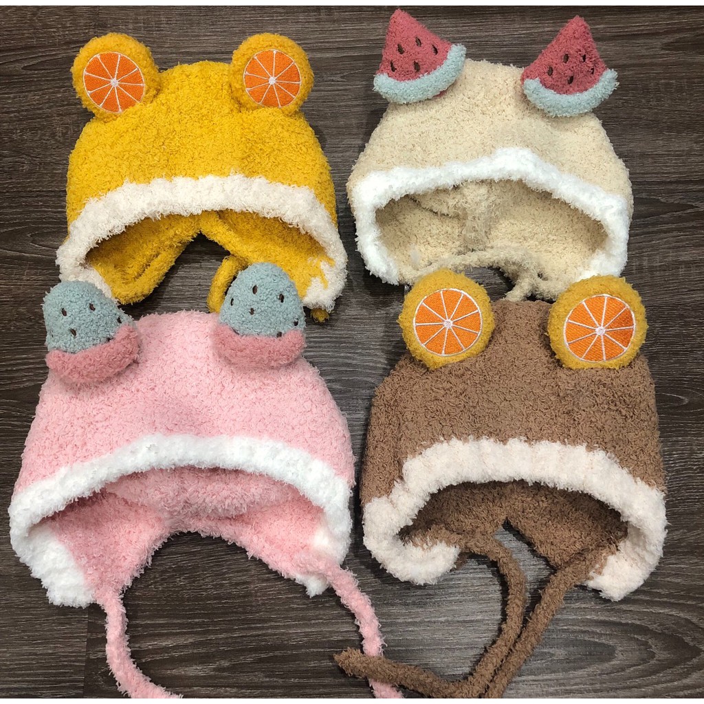 Mũ len bông xù tai hoa quả buộc dây cổ nhiều màu sắc siêu yêu cho bé trai và gái từ 6-24 tháng-giadungsieure