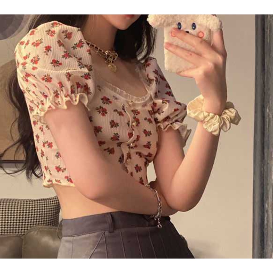 Áo kiểu nữ in hoa cổ điển tay ngắn phồng cổ chữ U viền ren thời trang mùa hè