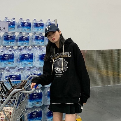 Áo Hoodie Tay Dài Form Rộng Họa Tiết In Theo Phong Cách Preppy Dễ Phối Đồ