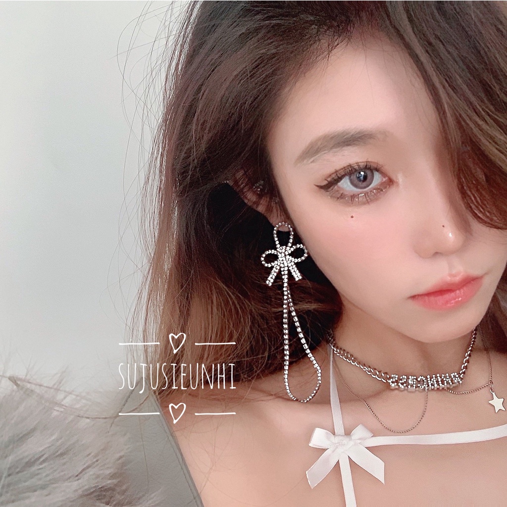 (2 màu)Khuyên tai nơ 3 cánh đính đá thả dài sang trọng