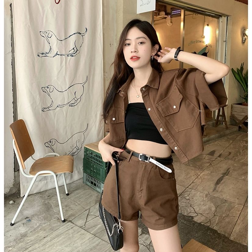 Denim suit women's summer vintage polo collar short-sleeved jacket + fashion wide-leg shorts one piece / two-piece set